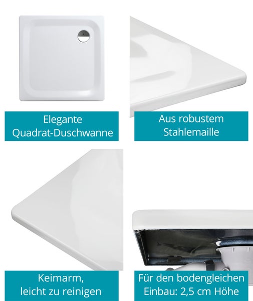 Quadratische Duschwanne aus Stahlemaille für bodengleichen Einbau mit einer Höhe von 2,5 Zentimetern.