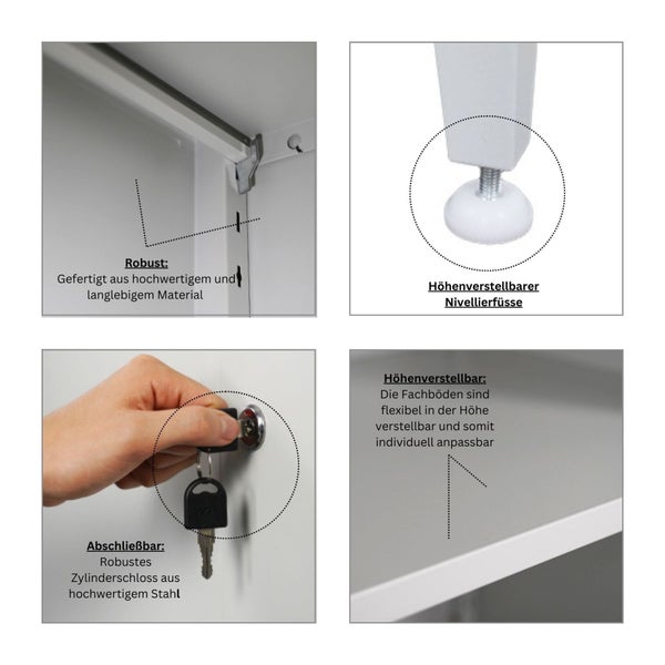 Detailansicht eines Schranks mit robustem Material, höhenverstellbaren Füßen, abschließbarem Zylinderschloss aus Stahl und flexiblen, höhenverstellbaren Fachböden.