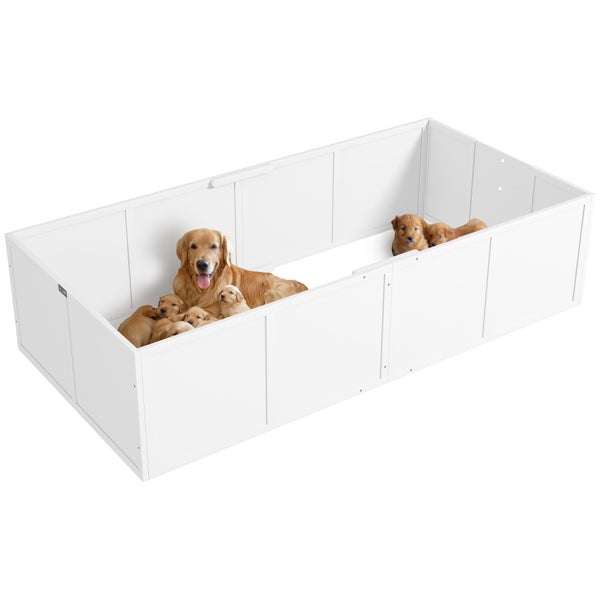 PawHut Wurfkiste für Welpen, Rutschfest Welpen-Wurfbox, Welpenlaufstall mit verstellbar Tür, Hundelaufstall, Welpenauslauf für kleine bis große Hunde, 196x96x48 cm, Weiß