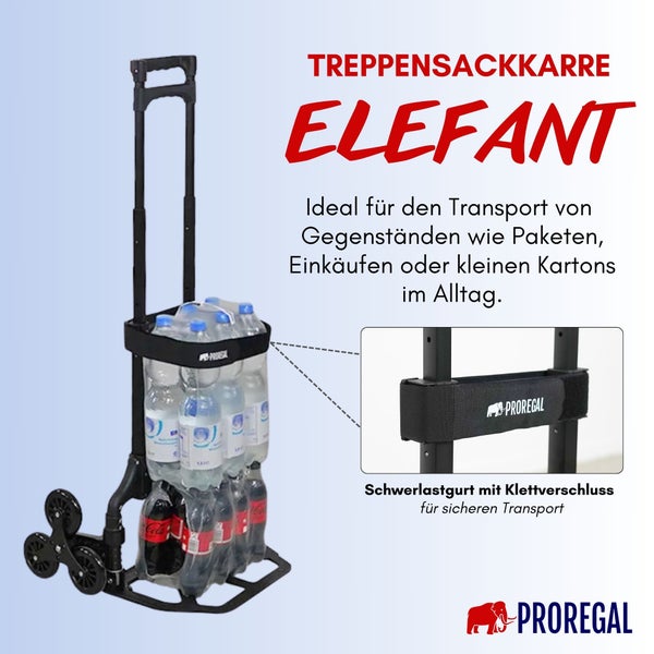 PROREGAL Klappbare Treppensackkarre ELEPHANT HxBxT 110x45x48cm Traglast 70kg Aluminiumrahmen ergonomische Griffe TRR Fachgummiräder Schwarz Treppensteiger Sackkarre