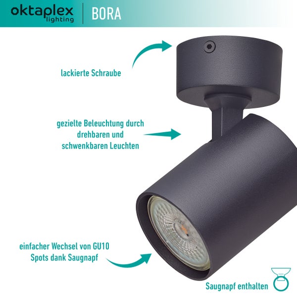 Bora Deckenstrahler GU10 LED Spotleuchte 230V 1-flammig schwenkbar Deckenleuchte schwarz modernes Design Decken- Wandmontage