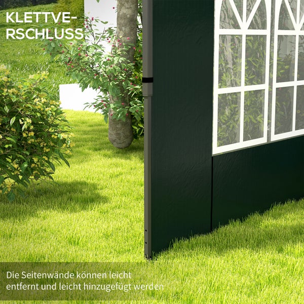 Seitenwand für ein Partyzelt mit Klettverschluss und Fenstern auf einer Rasenfläche.