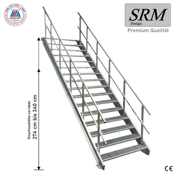 Stahltreppe, 15 Gitterroststufen, Handläufe. Höhe 274 bis 340 Zentimeter. Zertifiziert nach EN 1090-1. SRM Design Logo. CE-Kennzeichnung.