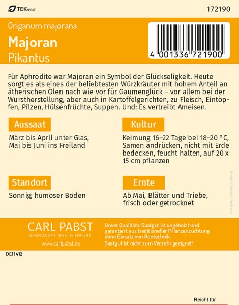 Rückseite einer Samentüte für Majoran Pikantus von Carl Pabst mit Pflanz- und Ernteanleitungen. Carl Pabst Logo und TEKwest Logo.