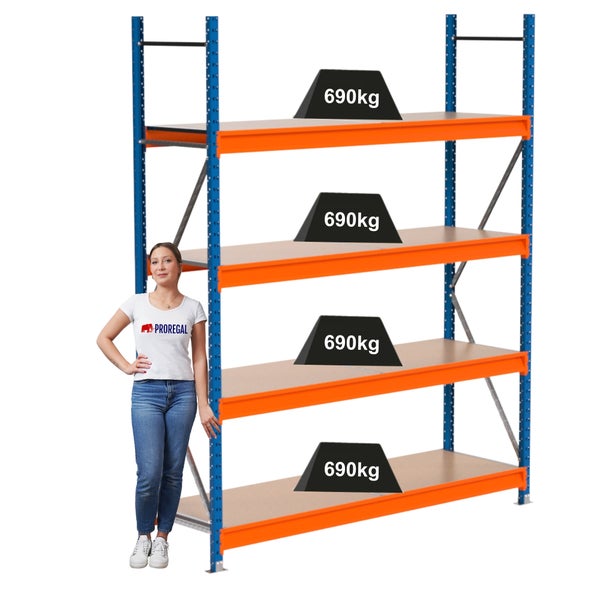 Schwerlastregal mit vier Regalböden und einer Traglast von 690 Kilogramm pro Boden