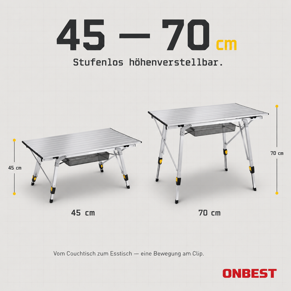 Aluminium Campingtisch stufenlos höhenverstellbar von 45 bis 70 Zentimeter mit Netzablage. ONBEST Logo.