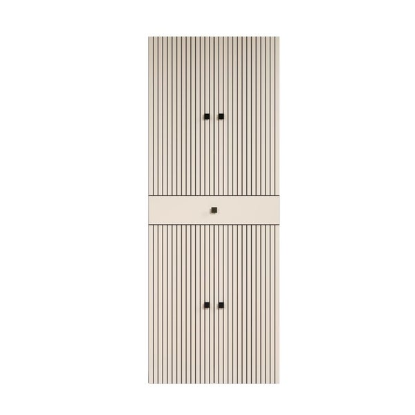 Hochschrank mit gerillter Frontstruktur und mittiger Schublade sowie schwarzen Griffen