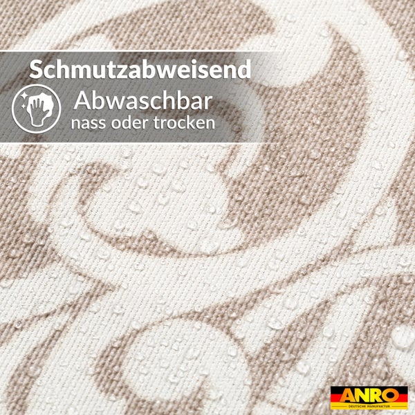 Schmutzabweisende und nass oder trocken abwaschbare Oberfläche mit Wassertropfen. ANRO Logo.