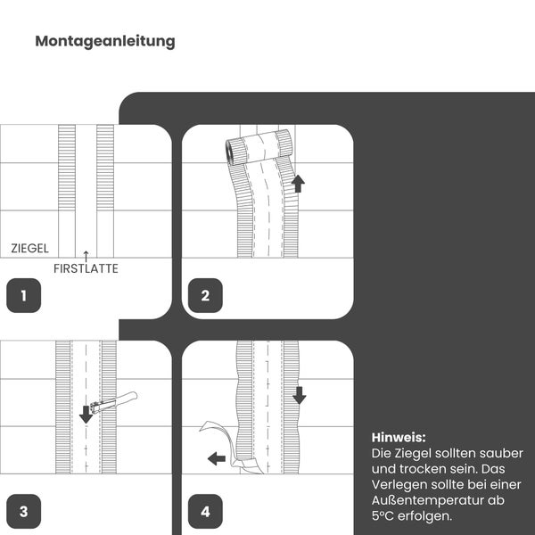 Montageanleitung für Firstband: Vorbereitung der Firstlatte, Ausrollen, Festtackern und Ankleben an die Ziegel bei mindestens 5 Grad Celsius.