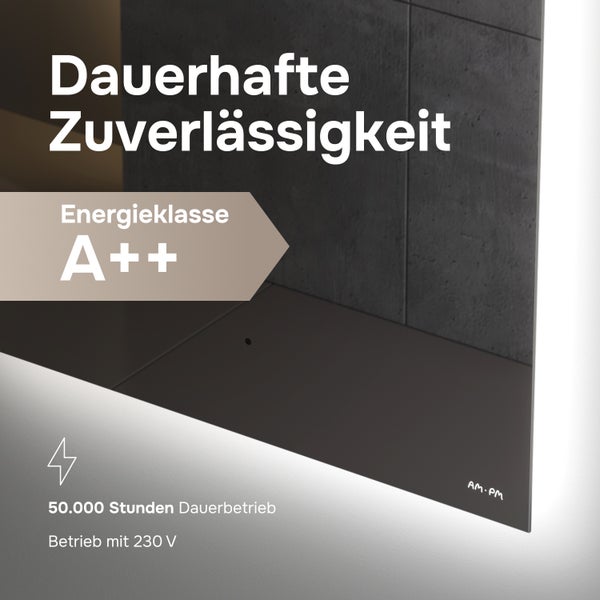Beleuchteter AM.PM Spiegel mit Energieeffizienzklasse A plus plus, 50.000 Stunden Lebensdauer und 230 Volt Anschlussspannung.