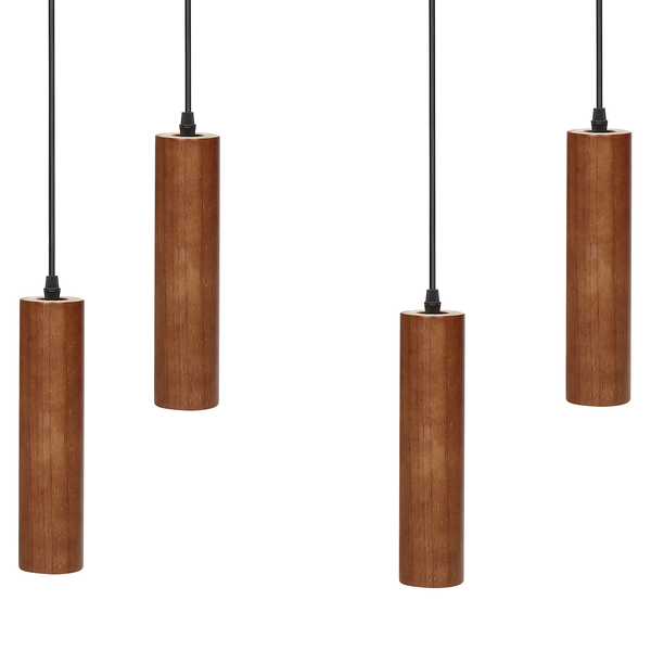 Pendelleuchte mit vier zylindrischen Schirmen aus Holz an schwarzen Kabeln.