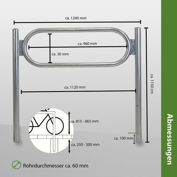 2 x Fahrradanlehnbügel  115 x 124 cm Stahl feuerverzinkt Ø 60 mm grau Einbetonieren Fahrradständer Parker Typ O
