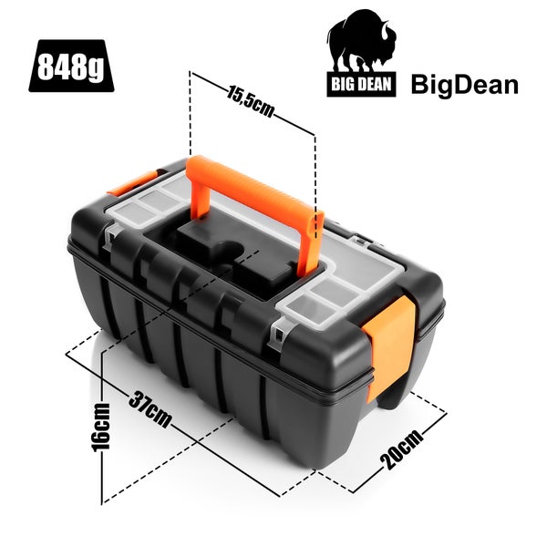 BigDean Werkzeugkoffer leer 37x20x16cm - aus bruchsicherem Kunststoff - mit Innenablage & Kleinteile Magazin - Made in Italy