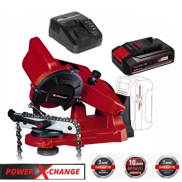 Einhell Akku Kettenschärfgerät Power X-Change mit Akku und Ladegerät sowie Herstellergarantie-Siegel.