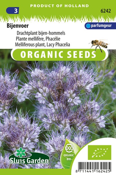 Bijenvoer-Saatgutpackung mit der Aufschrift 'Organic Seeds' und dem Sluis Garden Logo