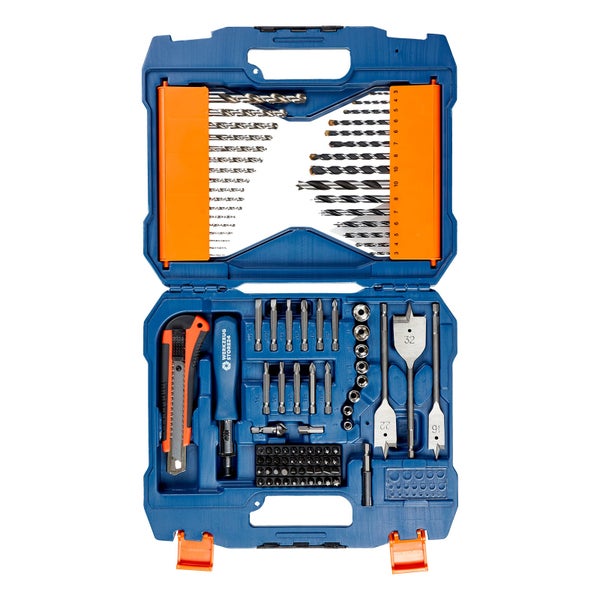 Bohrer- und Bit-Set in geöffnetem blauem Kunststoffkoffer