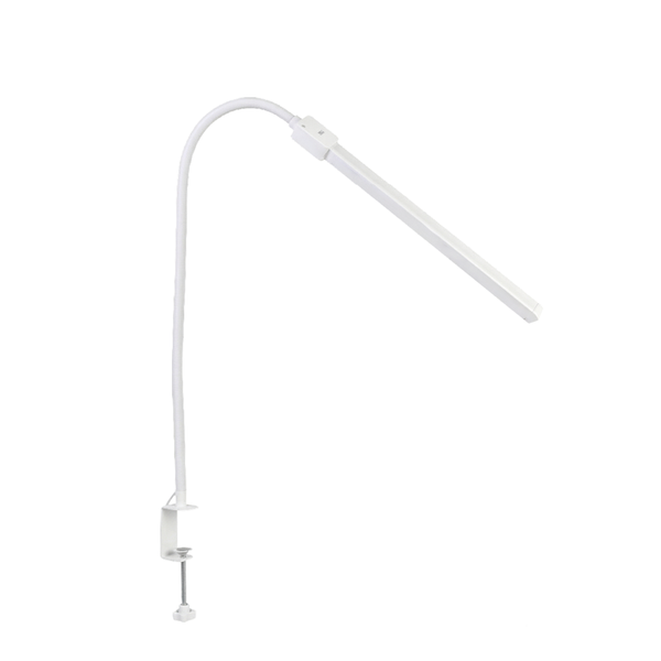 Weiße LED Klemmlampe mit flexiblem Schwanenhals und langem Lampenkopf zur Befestigung an Tischplatten