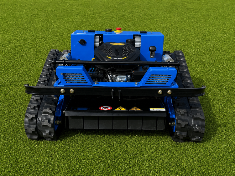 Ferngesteuerter Raupenmäher mit blauem Gehäuse, Kettenantrieb und Verbrennungsmotor.
