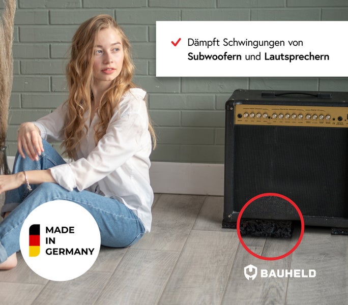 Schwingungsdämpfer für Subwoofer und Lautsprecher, hergestellt in Deutschland, Marke Bauheld.