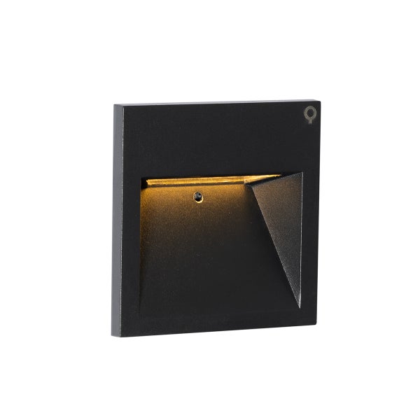 Quadratische Außenwandleuchte in Schwarz mit warmweißem LED-Licht.