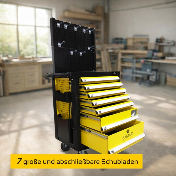 Gelb-schwarzer Bamato Werkstattwagen mit sieben großen abschließbaren Schubladen, Lochwand und Haken.
