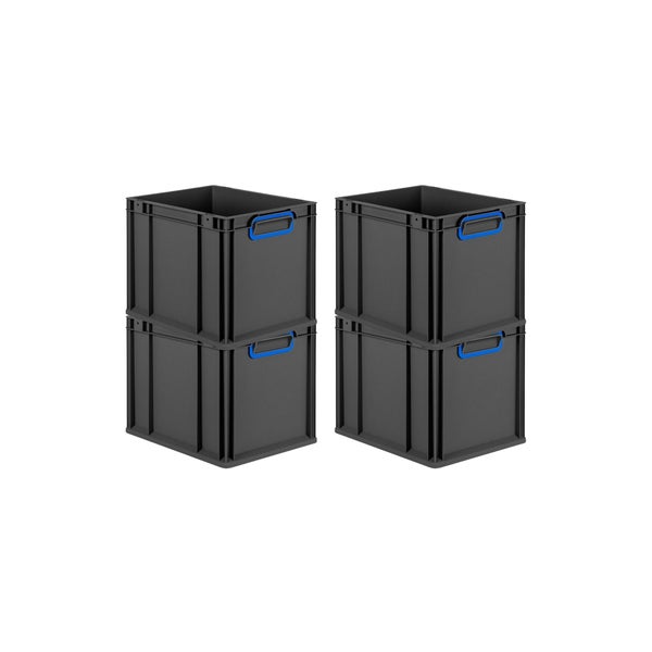 PROREGAL SuperSparSet 4x Eurobox NextGen Color, HxBxT 32x30x40cm, 30 Liter, Griffe blau geschlossen, Schwarz, Eurobehälter, Transportbox, Transportbehälter, Stapelbehälter