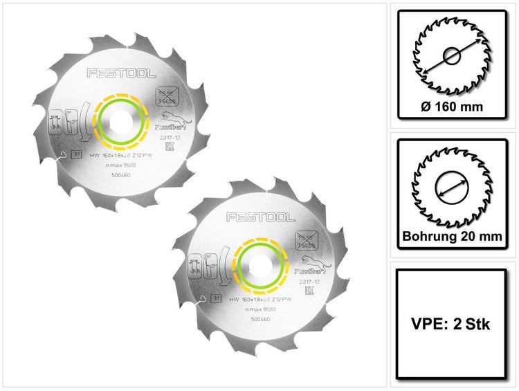 Festool 2x Panther Kreissägeblatt PW12 Holz 160 x 1,8 x 20 mm 160 mm 12 Zähne ( 2x 500460 ) HKC TS