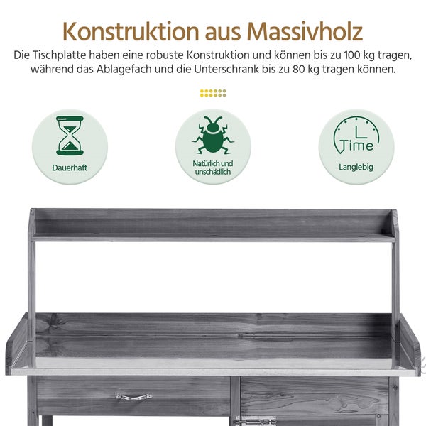 Massivholzkonstruktion mit Symbolen für Dauerhaftigkeit, natürliche Unschädlichkeit und Langlebigkeit