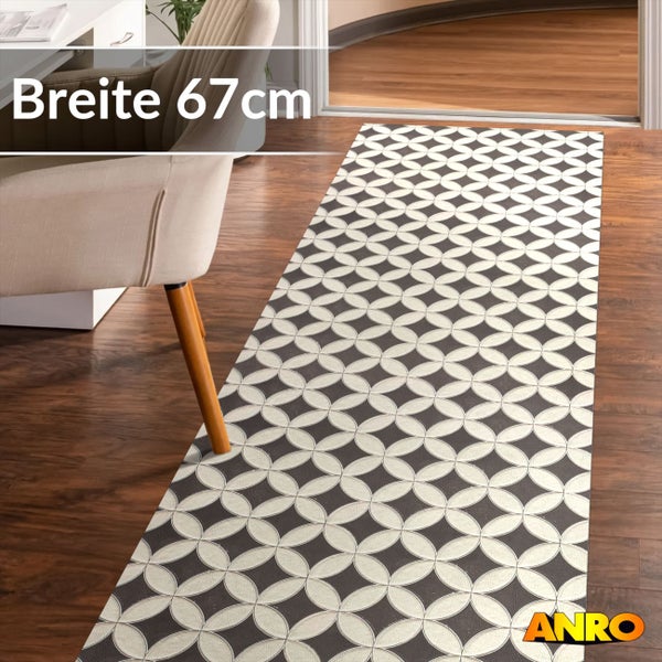 Läufer mit geometrischem Kreismuster, Breite 67 Zentimeter, auf Holzfußboden neben einem Bürostuhl. ANRO Logo.