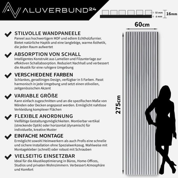 Produktübersicht Lamellen Wandpaneel aus Holzfurnier und Filz mit Maßangaben zur Schallabsorption und Montage für den Innenbereich.