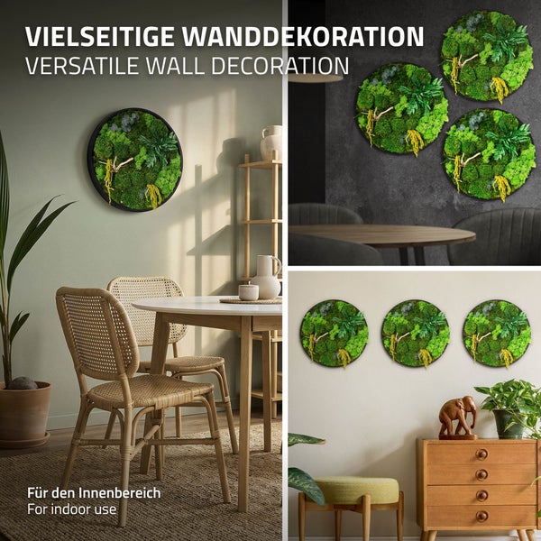 Runde Wanddekoration mit echtem Moos in schwarzem Rahmen fuer die Wandgestaltung im Innenbereich in verschiedenen Wohnraeumen.