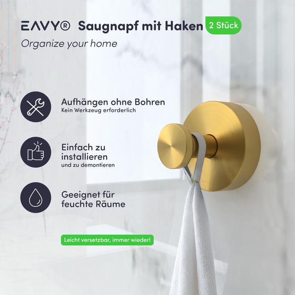 EAVY Handtuchhaken Edelstahl Gold mit Saugnapf 2er Pack