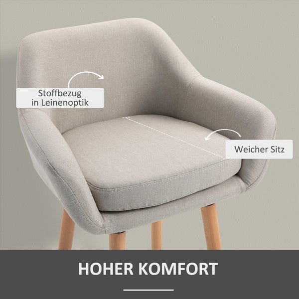 HOMCOM Barhocker 2er Set, Barstuhl mit Sitzkissen, Holzbeine, Rückenlehne und Armlehnen, Küchenstühle mit Fußstütze aus Holz, Tresenhocker für Küche, Wohnzimmer, Esszimmer, Leinenoptik, Beige