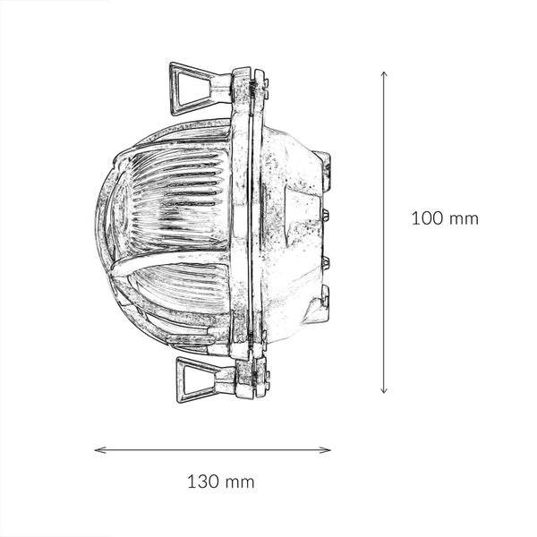 Skizze einer Leuchte mit den Maßen 130 mm Breite und 100 mm Höhe