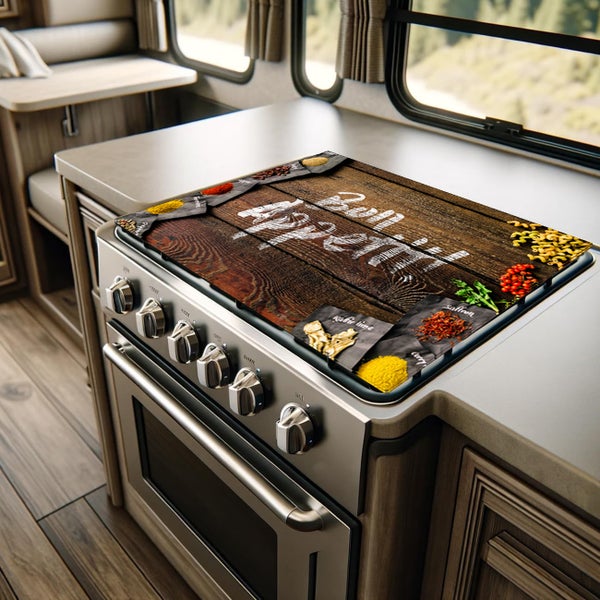 Herdblende-/Abdeckplatte Abdeckplatte Herd - Acrylglas Bon Appettit Holzoptik | Spritzschutz | Lokal produziert Camping | COV00058 | 80cm x 52cm x 0.4cm