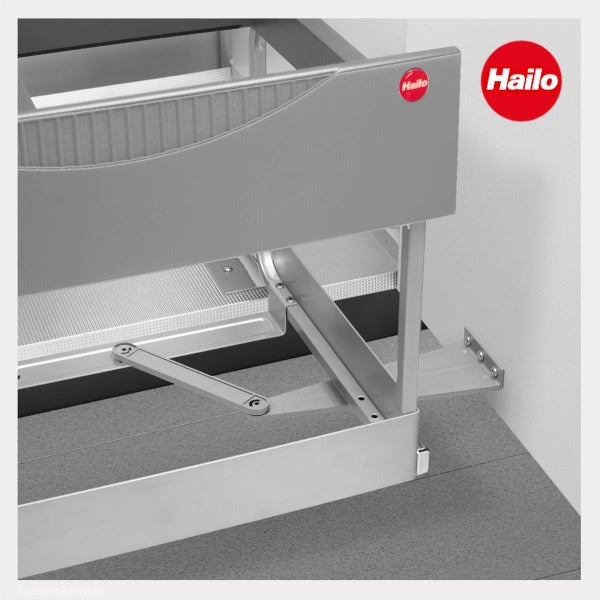 Hailo Logo und Detailansicht eines Auszugsystems aus Metall für Küchenschränke.