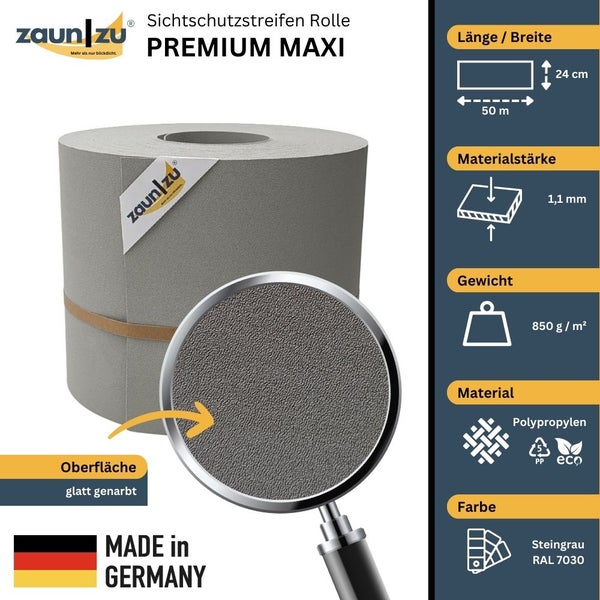 Zaun zu Sichtschutzstreifen Rolle Premium Maxi aus Polypropylen, 50 Meter lang, 24 Zentimeter breit, 1,1 Millimeter Materialstärke, Gewicht 850 Gramm pro Quadratmeter, Farbe Steingrau, Made in Germany