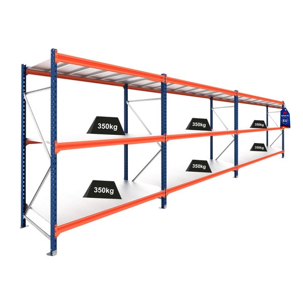 Blau-oranges Schwerlastregal aus Metall mit drei Ebenen und einer Tragkraft von 350 Kilogramm pro Boden.
