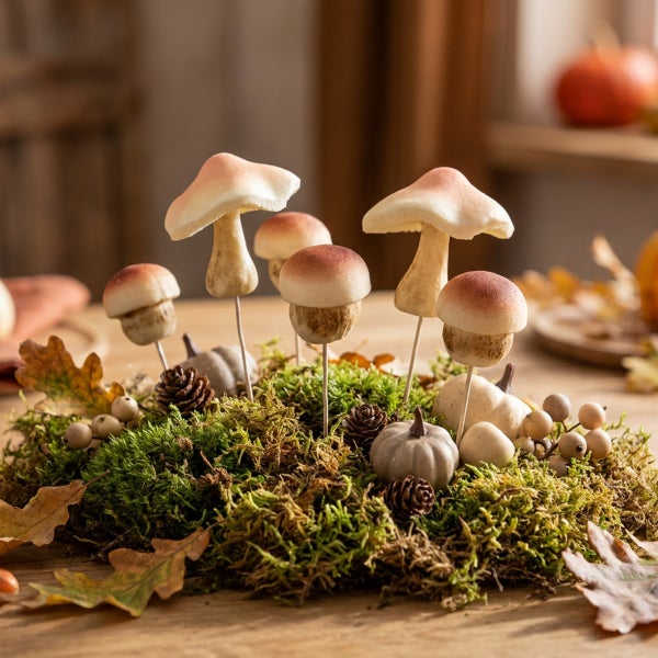 Herbstliche Tischdekoration mit Moos, kleinen Zierkürbissen, Tannenzapfen und künstlichen Pilzsteckern auf einem Holztisch.