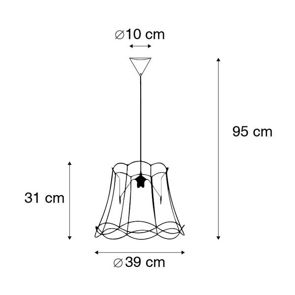 Technische Zeichnung einer Pendelleuchte mit den Maßen 95 cm Höhe, 31 cm Lampenschirmhöhe, 39 cm Lampenschirmdurchmesser und 10 cm Baldachindurchmesser.