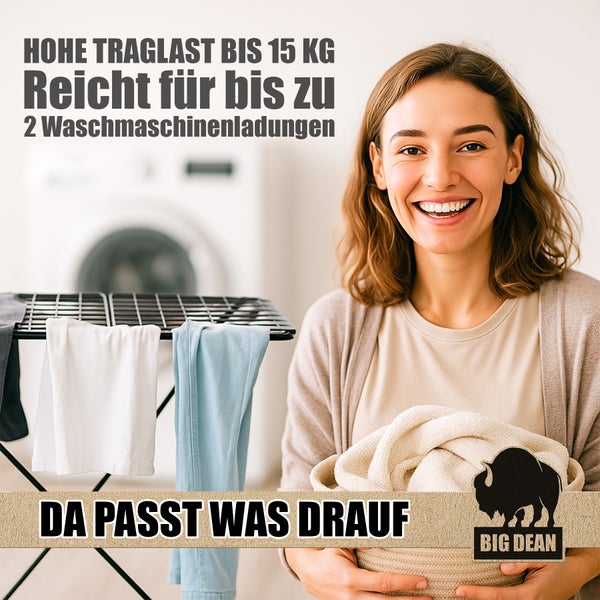 Wäscheständer mit einer Traglast von bis zu 15 Kilogramm, ausreichend für bis zu zwei Waschmaschinenladungen, im Einsatz mit einer Frau und dem Big Dean Logo