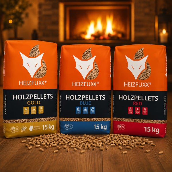 Drei 15 Kilogramm Säcke Heizfuxx Holzpellets der Sorten Gold, Blue und Red vor einem brennenden Kamin.