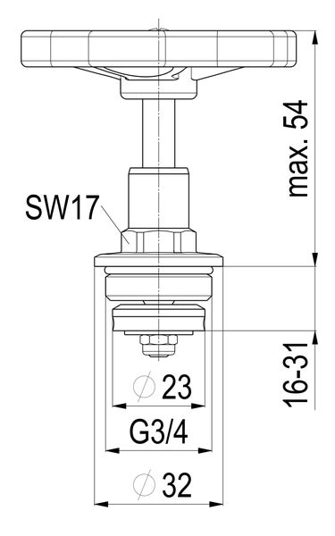 Technische Zeichnung eines Ventiloberteils mit Maßangaben: maximale Höhe 54, Gewinde G 3/4, Schlüsselweite 17, Durchmesser 23 und 32.