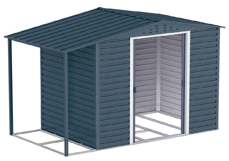 Gerätehaus aus Metall mit Satteldach, Schiebetür, Anbaudach und Bodenrahmen.