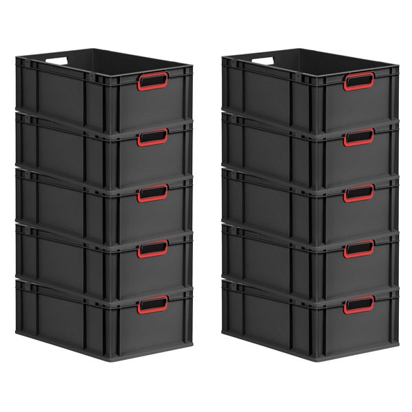 PROREGAL SparSet 10x Eurobox NextGen Color, HxBxT 22x40x60cm, 44 Liter, Griffe rot offen, Verstärkter Boden, Schwarz, Eurobehälter, Transportbox, Transportbehälter, Stapelbehälter