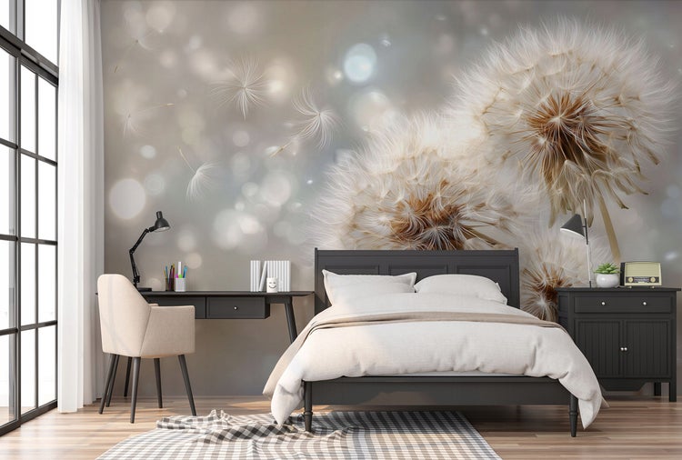 Modernes Schlafzimmer mit Doppelbett, Schreibtisch und Löwenzahn-Wandbild