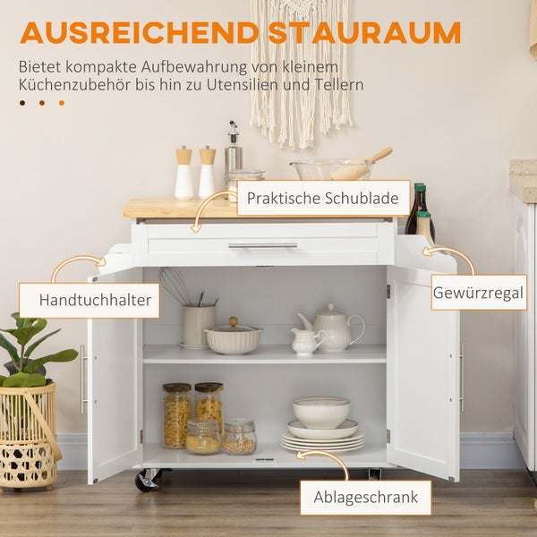HOMCOM Küchenwagen Servierwagen mit Arbeitsplatte Küchentrolley mit Gewürzregal, Handtuchhalter für Wohnzimmer Esszimmer Weiß 109 x 40 x 89 cm