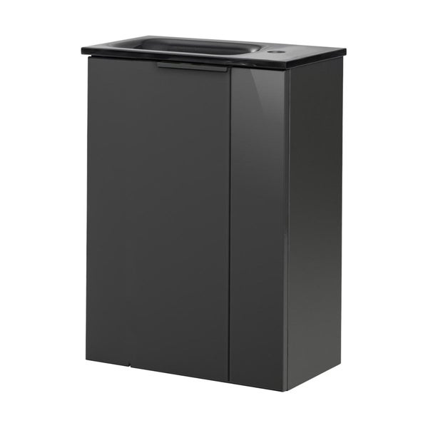 Fackelmann LUNA Gäste-WC Set 2 Teile – Waschtischunterschrank in Anthrazit mit Waschbecken aus Glas in Anthrazit – SBC Waschbeckenunterschrank schmal – Türanschlag links – 45 cm breit