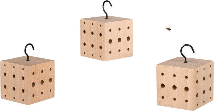 WONDERMAKE® 3er Set: Design Insektenhotel klein, Kubus aus Buche-Holz mit 3x 42 Nistplätzen, Bienenhotel hängend Nisthilfe für Wildbienen, braun schwarz