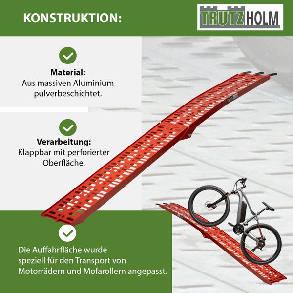 TRUTZHOLM 2 x Auffahrrampen klappbar 228 cm Tragkraft 680 kg Alu rot gelocht Rampen Motorradrampen